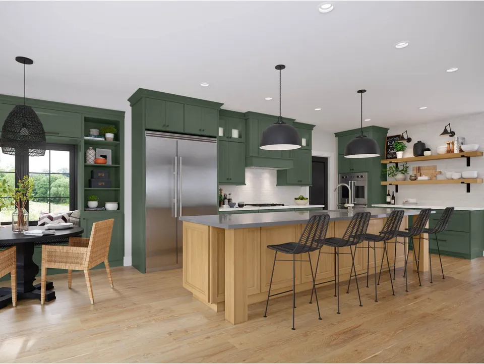 Waypoint 570 kitchen with Painted Sage perimeter cabinets and a Maple Rye island.
